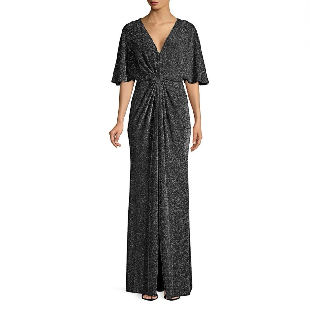 {Betsy & Adam} Metallic Twist-Front Slit Gown